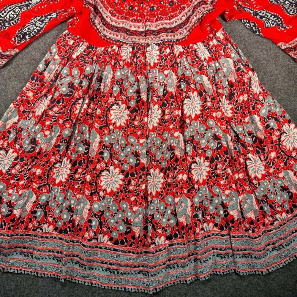 Free People Red Floral Paisley‎ Square Neck Balloon Sleeve Mini Dress Small